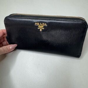 Authentic Prada Black Leather Continental Zip Wallet – Gold Hardware